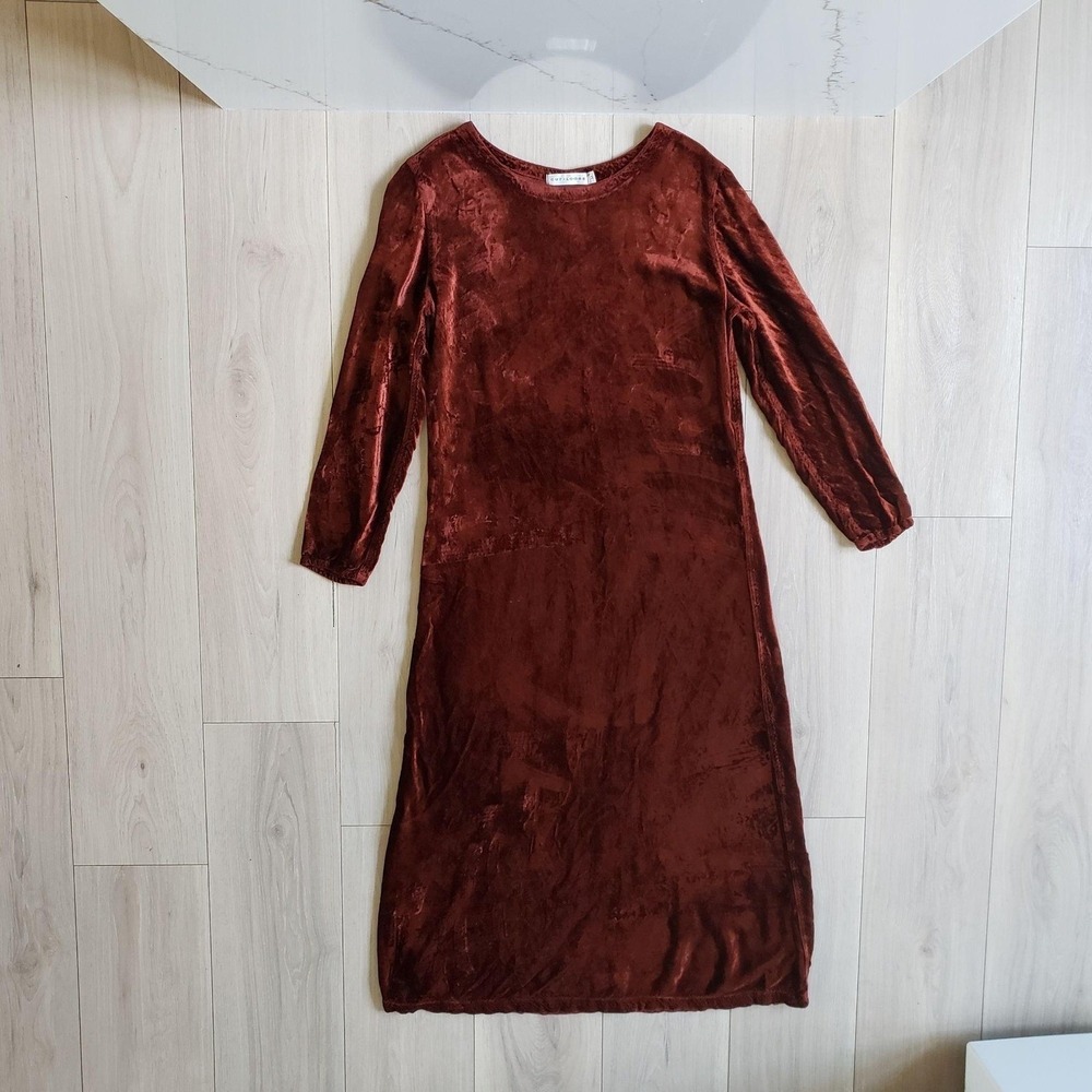 Cut Loose Dress Womens M Brown Velvet Rayon Long Sleeve‎ Midi Made In USA